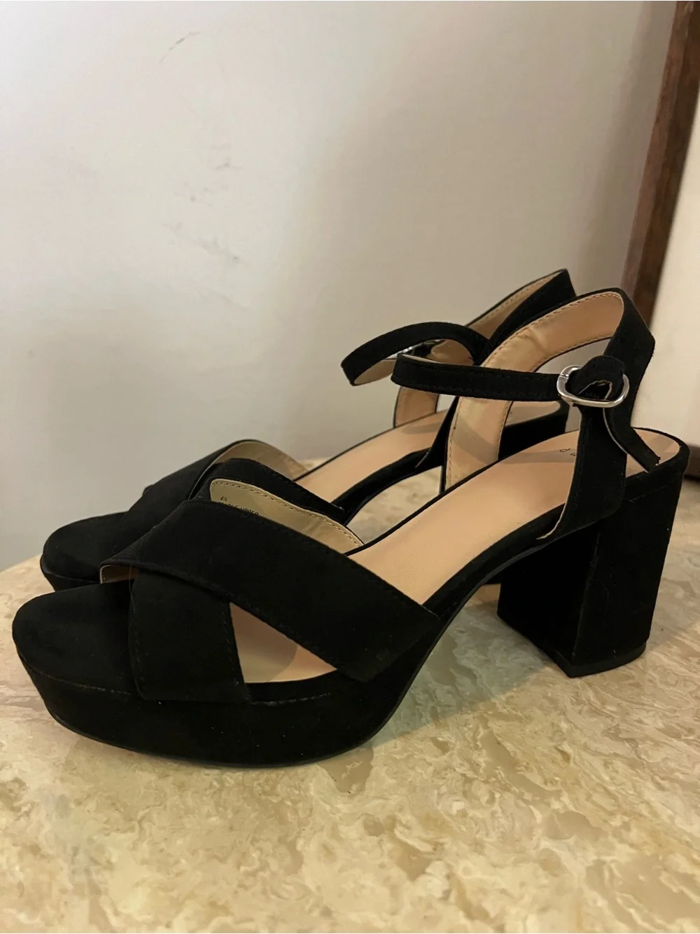 a new day Black Suede Platform Block Heel Sandals with Ankle Strap